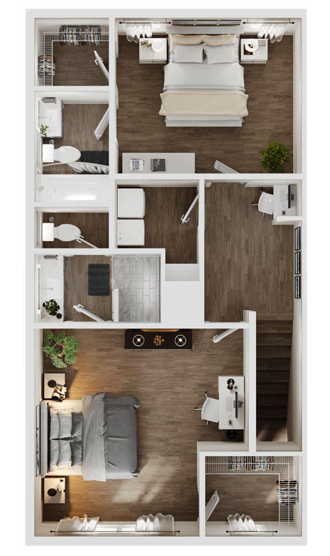 Floor plan for 2 beds, 2.5 baths, 1366 sqft